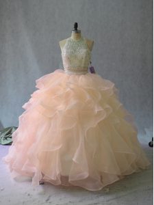 Excellent Halter Top Sleeveless Sweet 16 Dresses Beading and Ruffles Peach Organza