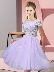 Lavender Short Sleeves Knee Length Appliques Lace Up Quinceanera Court Dresses