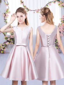 Mini Length Baby Pink Wedding Party Dress V-neck Sleeveless Lace Up