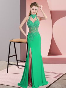 Vintage Green Column/Sheath Beading and Lace and Appliques Homecoming Dress Backless Chiffon Sleeveless Floor Length