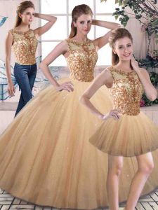 Beading 15 Quinceanera Dress Gold Lace Up Sleeveless Floor Length
