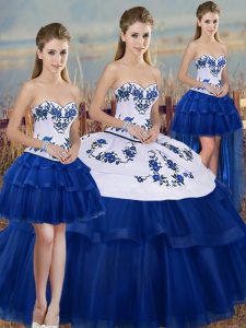 Royal Blue Ball Gowns Tulle Sweetheart Sleeveless Embroidery and Bowknot Floor Length Lace Up Ball Gown Prom Dress