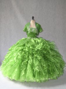 Comfortable Green Organza Lace Up Quinceanera Dress Sleeveless Floor Length Beading and Ruffles