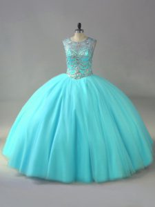 Affordable Aqua Blue Scoop Neckline Beading Quince Ball Gowns Sleeveless Lace Up
