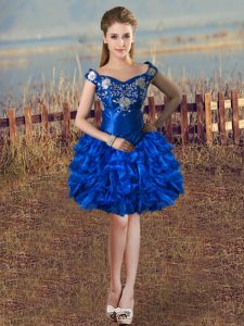 On Sale Sleeveless Knee Length Embroidery and Ruffles Lace Up Prom Evening Gown with Royal Blue
