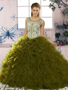 Free and Easy Sleeveless Floor Length Beading and Ruffles Lace Up Quinceanera Gowns with Olive Green