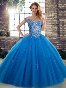Blue Off The Shoulder Neckline Beading Quinceanera Dresses Sleeveless Lace Up