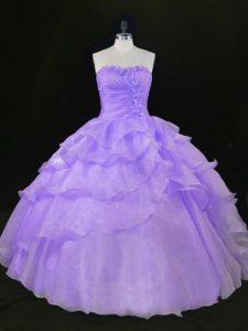 Lavender Organza Quinceanera Dress Sleeveless Floor Length Beading and Ruffles