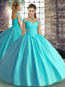 Tulle Off The Shoulder Sleeveless Lace Up Beading Sweet 16 Dress in Aqua Blue