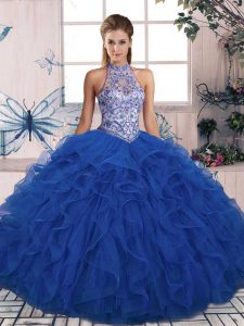 Blue Ball Gowns Tulle Halter Top Sleeveless Beading and Ruffles Floor Length Lace Up Ball Gown Prom Dress