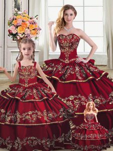Modest Wine Red Sweetheart Lace Up Embroidery and Ruffled Layers 15th Birthday Dress Sleeveless