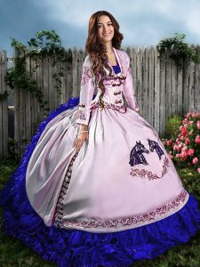 Most Popular Sleeveless Floor Length Embroidery and Ruffles Lace Up Quinceanera Dresses with Blue And White
