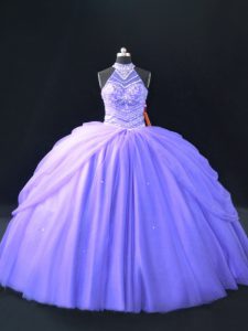 Lavender Sleeveless Floor Length Beading Lace Up Quinceanera Gowns