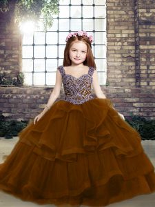 Affordable Tulle Straps Sleeveless Lace Up Beading Little Girl Pageant Dress in Brown