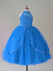 Custom Design Blue Sleeveless Tulle Lace Up Little Girl Pageant Dress for Wedding Party