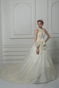 New Style White High-neck Zipper Beading and Lace and Hand Made Flower Wedding Gowns Court Train Sleeveless