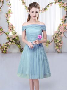Customized Blue Short Sleeves Knee Length Belt Lace Up Quinceanera Court of Honor Dress