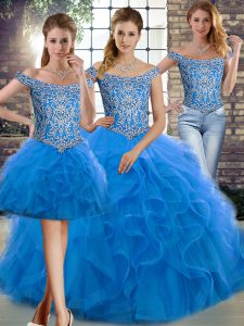 Off The Shoulder Sleeveless Brush Train Lace Up Quinceanera Gown Blue Tulle