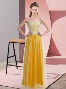 Perfect Sweetheart Sleeveless Prom Gown Floor Length Beading Gold Tulle