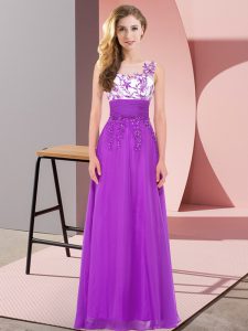 Nice Purple Chiffon Backless Wedding Guest Dresses Sleeveless Floor Length Appliques