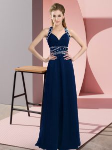 Graceful Floor Length Backless Prom Evening Gown Navy Blue for Prom and Party with Beading