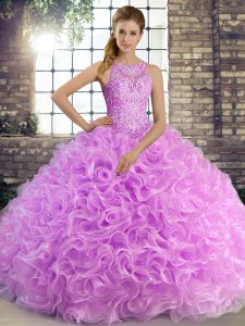 Lilac Fabric With Rolling Flowers Lace Up Scoop Sleeveless Floor Length Quinceanera Gown Beading