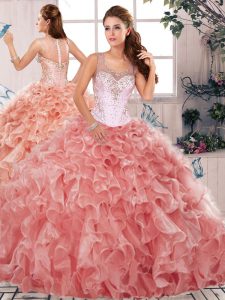 Discount Organza Scoop Sleeveless Clasp Handle Beading and Ruffles Quinceanera Dress in Watermelon Red