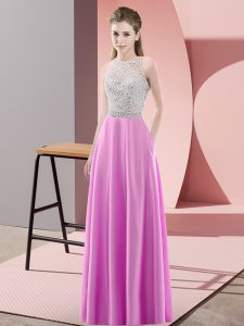 Lilac Empire Beading Evening Gowns Backless Satin Sleeveless Floor Length