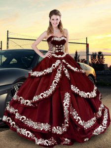 Wine Red Ball Gowns Satin Sweetheart Sleeveless Embroidery and Ruffled Layers Floor Length Lace Up Sweet 16 Dresses