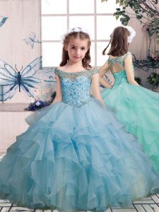 Floor Length Lace Up Little Girl Pageant Dress Light Blue for Party and Military Ball and Wedding Party with Beading and Ruffles