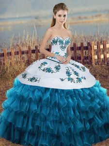 Shining Ball Gowns 15th Birthday Dress Blue And White Sweetheart Organza Sleeveless Floor Length Lace Up