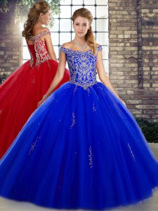 Hot Sale Beading 15 Quinceanera Dress Royal Blue Lace Up Sleeveless Floor Length
