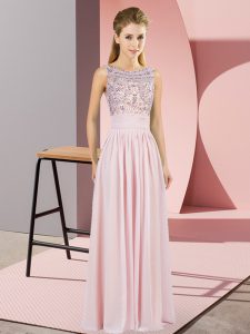Inexpensive Floor Length Pink Prom Party Dress Chiffon Sleeveless Beading