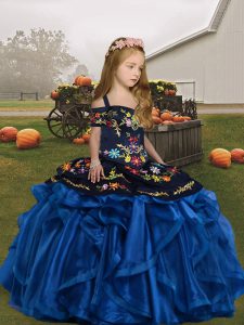 Blue Ball Gowns Embroidery and Ruffles Little Girls Pageant Dress Lace Up Organza Sleeveless Floor Length