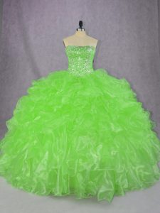 Ball Gowns Strapless Sleeveless Organza Floor Length Lace Up Beading and Ruffles Quince Ball Gowns