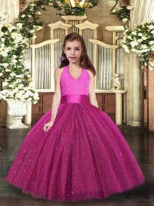 New Arrival Tulle Halter Top Sleeveless Lace Up Ruching Kids Pageant Dress in Fuchsia
