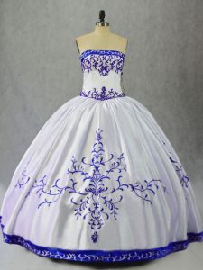 Blue And White Ball Gowns Embroidery Quinceanera Gown Lace Up Satin Sleeveless Floor Length