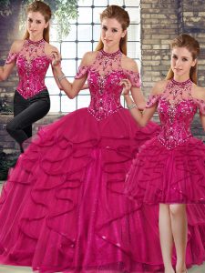 Fashionable Floor Length Three Pieces Sleeveless Fuchsia Sweet 16 Dress Lace Up