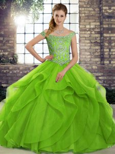 Graceful Green Sleeveless Brush Train Beading and Ruffles Quince Ball Gowns