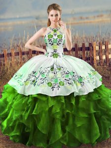Green Ball Gowns Embroidery and Ruffles Sweet 16 Dresses Lace Up Sleeveless Floor Length