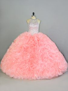 Halter Top Sleeveless Organza Ball Gown Prom Dress Beading and Ruffles Lace Up