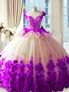 White And Purple Ball Gowns Hand Made Flower Ball Gown Prom Dress Zipper Tulle Sleeveless