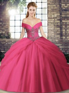 Cheap Hot Pink Ball Gowns Off The Shoulder Sleeveless Tulle Brush Train Lace Up Beading and Pick Ups Sweet 16 Dresses