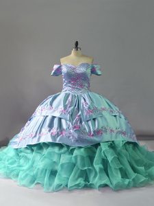 Fitting Blue Off The Shoulder Neckline Embroidery and Ruffles 15th Birthday Dress Sleeveless Lace Up