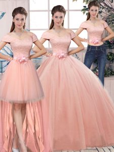 Off The Shoulder Short Sleeves Tulle Ball Gown Prom Dress Lace and Hand Made Flower Lace Up
