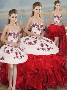 High Class Organza Sweetheart Sleeveless Lace Up Embroidery and Ruffles and Bowknot Quinceanera Gown in White And Red