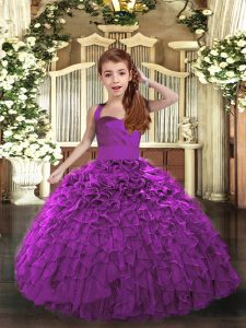 Ball Gowns Little Girl Pageant Gowns Purple Straps Organza Sleeveless Floor Length Lace Up