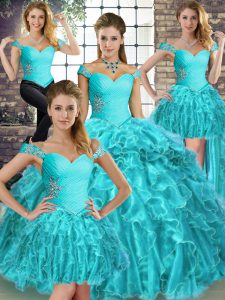 Elegant Aqua Blue Sleeveless Organza Brush Train Lace Up Ball Gown Prom Dress for Military Ball and Sweet 16 and Quinceanera