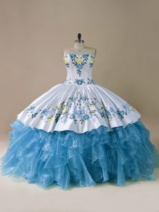 Organza Sweetheart Sleeveless Lace Up Embroidery and Ruffles Sweet 16 Dresses in Blue