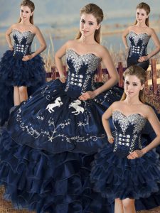 New Arrival Navy Blue Ball Gowns Organza Sweetheart Sleeveless Embroidery and Ruffles Floor Length Lace Up Quinceanera Dress